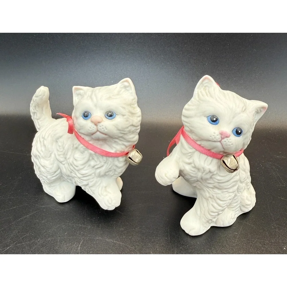 White Cat Kittens Set 1980s Porcelain Figurines Home Interior HOMCO 1413 Vintage